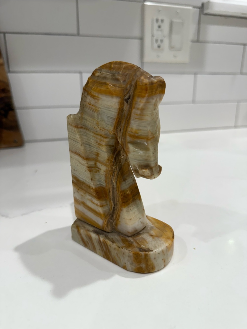 Hand-Carved Brown and Cream Onyx Horse Head Book End